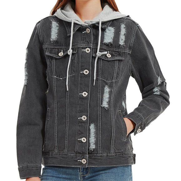 Detachable Hoodie Denim Distressed Jean Jacket